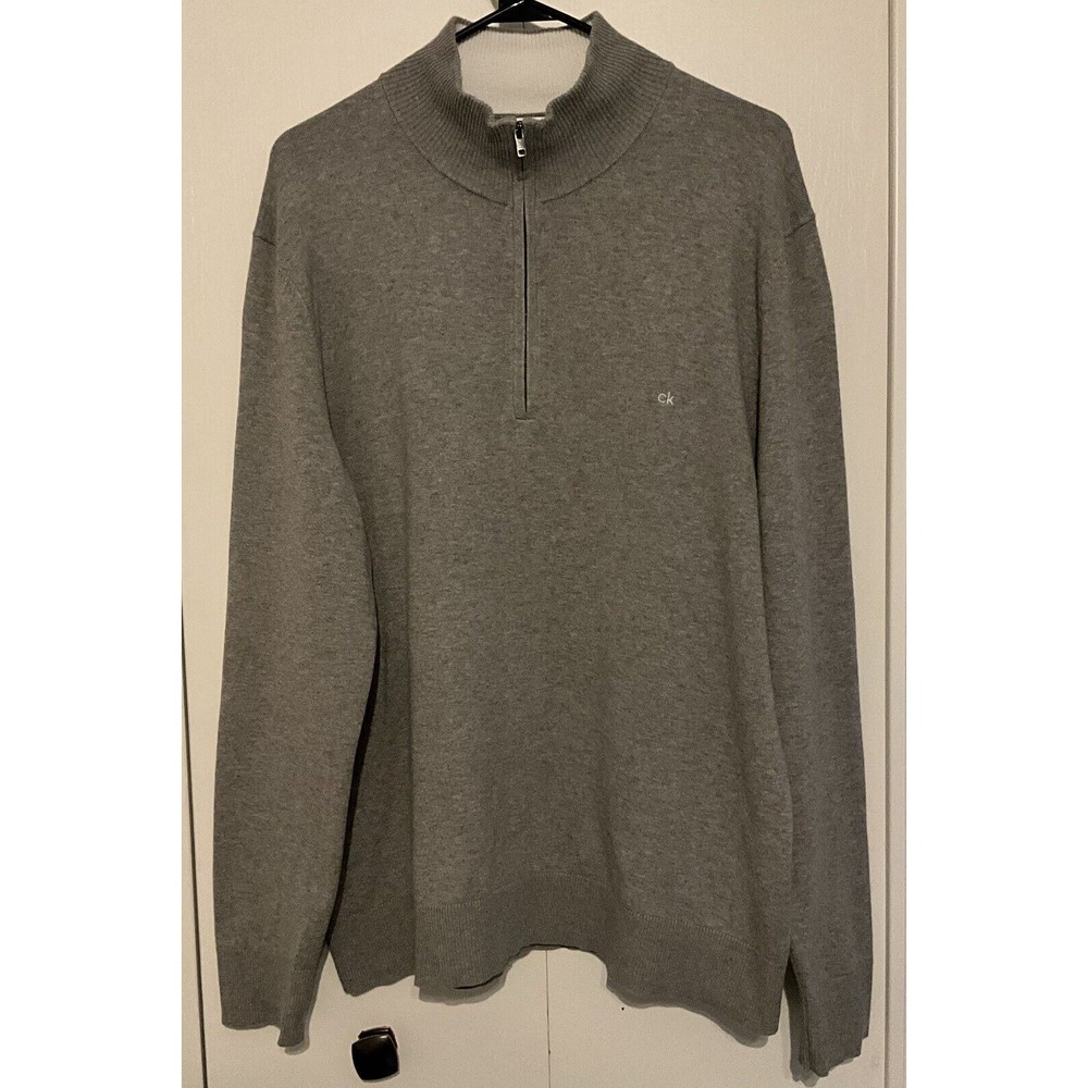 Calvin Klein Men's Size L Pullover Sweater Quarter Zip Knit Cotton Gray Classic